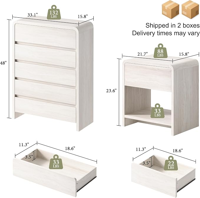 AMERLIFE Modern 3-Piece Bedroom Furniture Set with 5-Drawer Dresser and 2 Nightstands, Large Storage Capacity, Rounded Corners, Flexible Combination Design, Anti-Tip Kit Included, White
