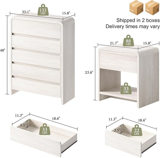 AMERLIFE Modern 3-Piece Bedroom Furniture Set with 5-Drawer Dresser and 2 Nightstands, Large Storage Capacity, Rounded Corners, Flexible Combination Design, Anti-Tip Kit Included, White
