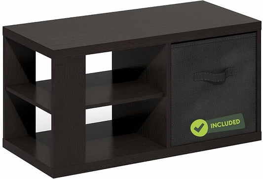 Furinno Viola Coffee Table, 3-Tier Modern Center Table with 1.2 Thick Tabletop, Side Table with Open Shelf and Storage Bin, for Living Room, Bedroom, Home Office, Black Dark Oak