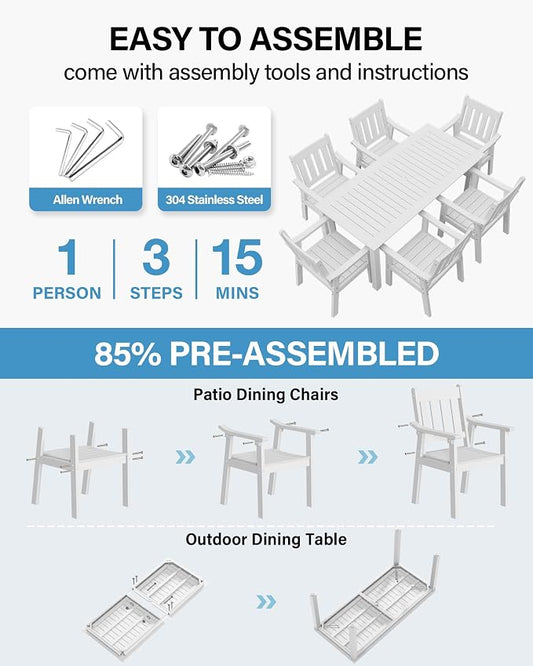 YEFU HIPS Patio Table Set: 7 Piece Outdoor Table and Chairs Dining Furniture Set with Umbrella Hole - White Modern Plastic Dining Sets 6 Person for Outside Deck with Metal Aluminum Frame