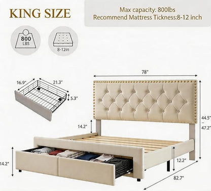 GarveeHome King Size Bed Frame with Storage Drawers — Velvet Upholstered Platform Bed with Vintage Headboard, Wooden Slat Support, Noise-Free, No Box Spring Needed, Beige
