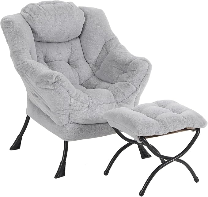 Furlide Lazy Chair with Ottoman, Modern Accent Chair with Armrests and a Side Pocket, Plush Grey Accent Chairs, Reading Chairs, Oversized Armchairs for Bedroom, Study, Living Room, Courtyard