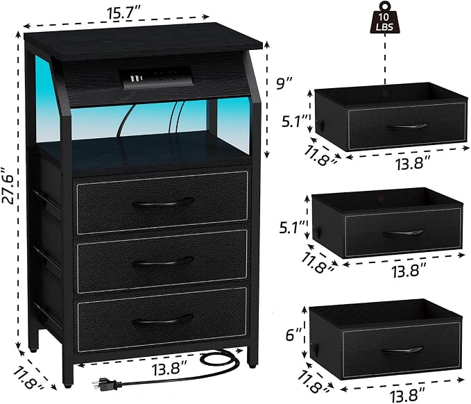 SZLHANJZ End Table with 3 Drawers, Nightstand with Charging Station and LED Lights, Small Fabric Night Stand for Bedside, Storage Side Table for Living Room Dorm, Black