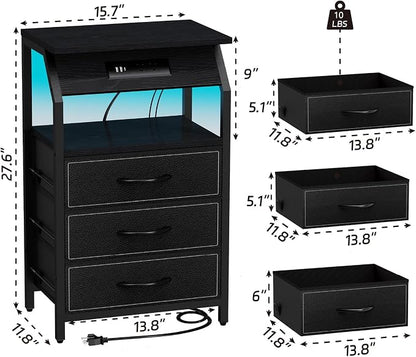 SZLHANJZ End Table with 3 Drawers, Nightstand with Charging Station and LED Lights, Small Fabric Night Stand for Bedside, Storage Side Table for Living Room Dorm, Black
