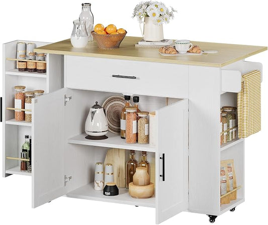 IRONCK Rolling Kitchen Island Table on Wheels with Drop Leaf, Storage Cabinet and Drawer, 52 in Kitchen Cart with Spice and Towel Rack for Kitchen, White