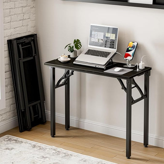 Frylr Small Folding Computer Desk – 35.8 Inch Portable Table for Craft and Study, Lightweight Desk for Small Spaces, Foldable Laptop Table Built-in AC/USB Outlets for Convenience, Dark Oak