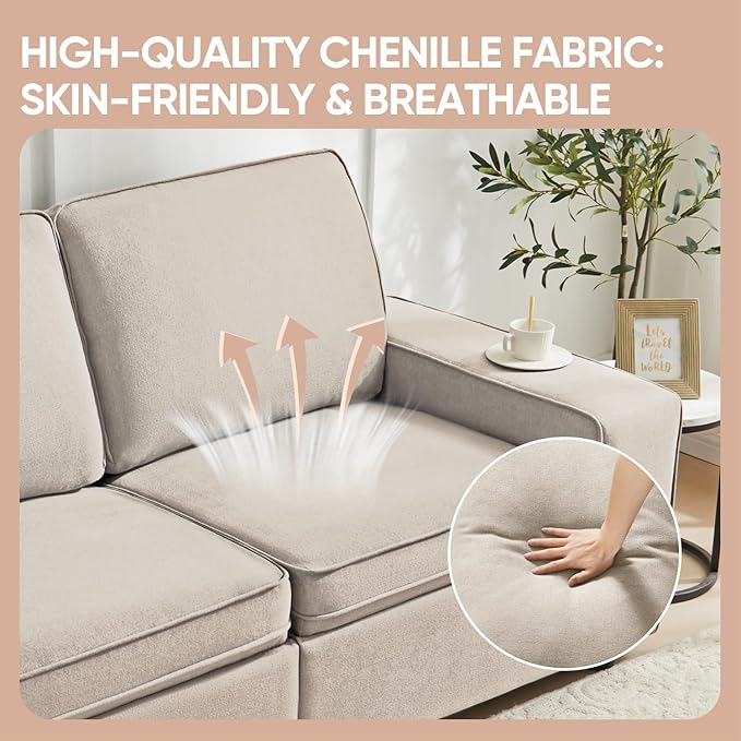 Waxberry 71" Chenille Loveseat Sofa Couch for Living Room with Seat Storage, Modern 2-Seater Deep Seat Sofa with Side Pockets & Type-C/USB Ports, Detachable Backrest for Office, Apartment (Beige)