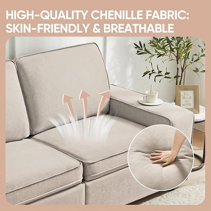 Waxberry 71" Chenille Loveseat Sofa Couch for Living Room with Seat Storage, Modern 2-Seater Deep Seat Sofa with Side Pockets & Type-C/USB Ports, Detachable Backrest for Office, Apartment (Beige)