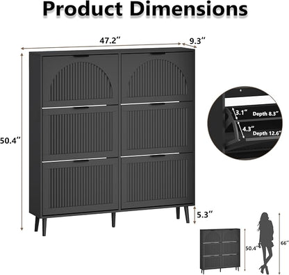 BORNOON Shoe Cabinet for Entryway with 6 Flip Drawers, Slim Wooden Shoe Storage Organizer with Modern Fluted Pannel，Freestanding Narrow Hidden Shoe Rack for Hallway, Foyer, Living Room