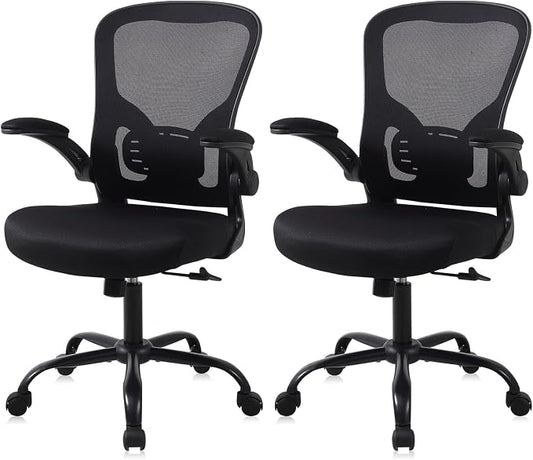 Flysky Mesh Office Chair, Ergonomic Computer Desk Chairs for Home Office - with Comfy/Comfortable Flip-up Arm Rests, Lumbar Support, Height Adjustable, 360 Degree Rolling Swivel (Black, 2 Pack)