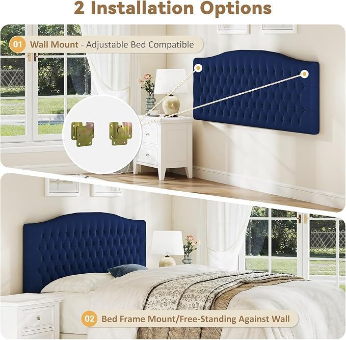 King Headboard Only, Upholstered Headboard King Size for Adjustable Bed Velvet Tufted Wall Mounted Head Board with Solid Wood Legs, Navy Blue