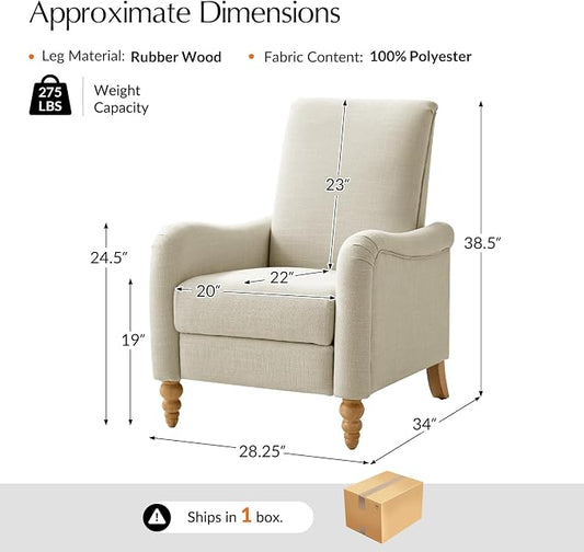 HULALA HOME Farmhouse Recliner Chair with Solid Wood Spindle Legs, Curved Push Back Recliner Armchair with Adjustable Backrest & Footrest, Comfy High Back Lazyboy Single Sofa for Living Room, Linen