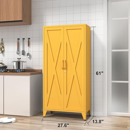 61" Tall Farmhouse Metal Pantry Cabinet with 3 Adjustable Shelves, 4-Tier Storage Organizer, 2-Door Freestanding Storage Cabinets, Easy Assembly, for Kitchen, Entryway, Home Office, Kids Room, Yellow
