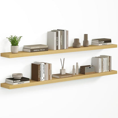 Fun Memories 66 Inch Floating Shelves - Fireplace Mantel Shelf - Deep Wall Mounted Wood Storage Shelf for Bedroom, Kitchen, Farmhouse - 2 Pack, Oak
