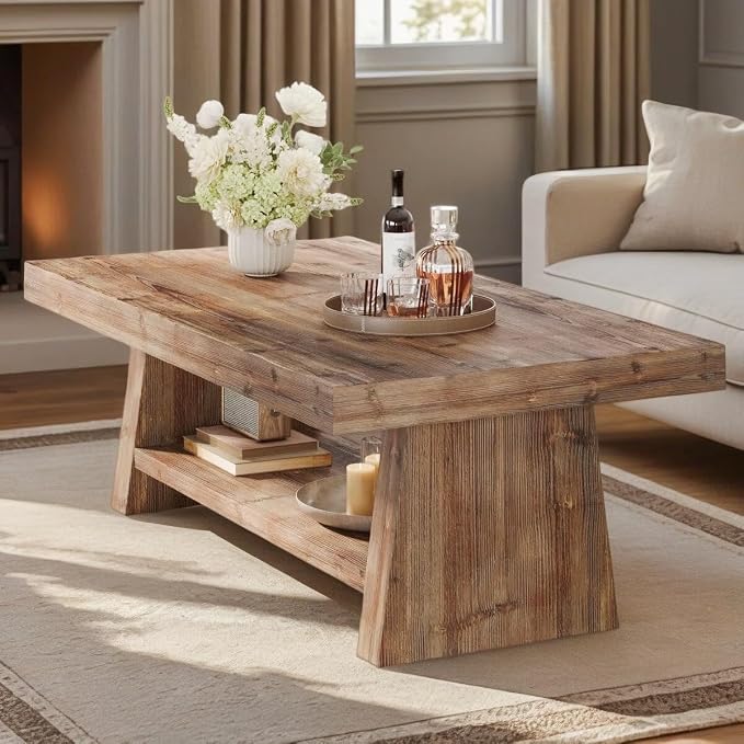 47" Solid Wood Coffee Table, 2-Tier Rectangular Farmhouse Center Table with Storage Shelf, Distressed Charred Wood Coffee Tables for Living Room, Rustic Vintage Carbonized