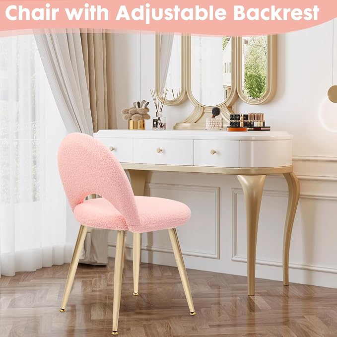 Vanity Chair with Backrest, Boucle Upholstery Armless Makeup Stool, Pink Vanity Stool with Gold Metal Legs for Bedroom Living Room Kitchen Dinning Room (Gold and Pink)