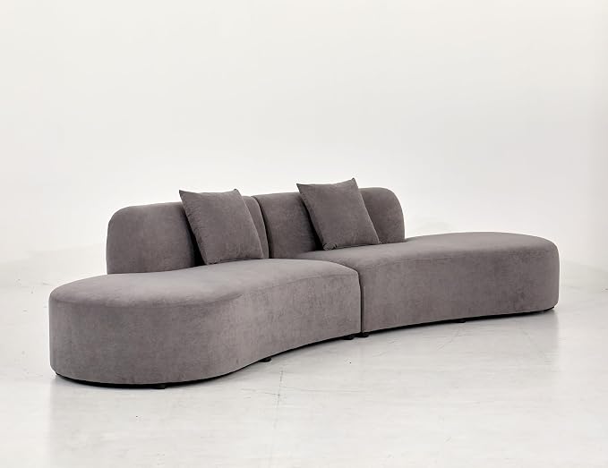 Container Furniture Direct Belmont 132" Curved Sofa with Throw Pillows, 6 Seater Luxury Velvet Couch with Half Moon Design and High-Density Foam, Ideal for Modern Living Room, Office & Apartment, Grey