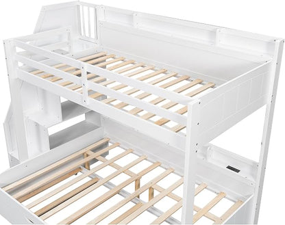 RUNNA Twin Over Full Bunk Bed with Trundle,Storage Stairs,USB,White | Twin over full bunk bed with trundle, storage stairs, shelves, USB, solid pine wood, guardrails, no box spring needed