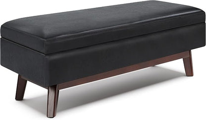 SIMPLIHOME Owen Rectangular Storage Ottoman - 48 inch Wide Upholstered Vegan Leather Lift-Top Ottoman in Midnight Black, Mid-Century Modern Ottoman for Living Room with Tufted Detail