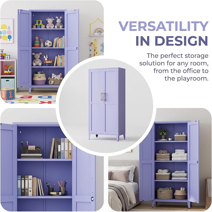 61" H Purple Metal Storage Cabinet with Door and 3 Adjustable Shelves Kitchen Pantry Cabinet with 2 Gold Handles Tall Metal Pantry Cabinet Freestanding Cupboard For Dining Room Living Room Bathroom ﻿