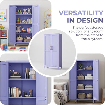 61" H Purple Metal Storage Cabinet with Door and 3 Adjustable Shelves Kitchen Pantry Cabinet with 2 Gold Handles Tall Metal Pantry Cabinet Freestanding Cupboard For Dining Room Living Room Bathroom ﻿