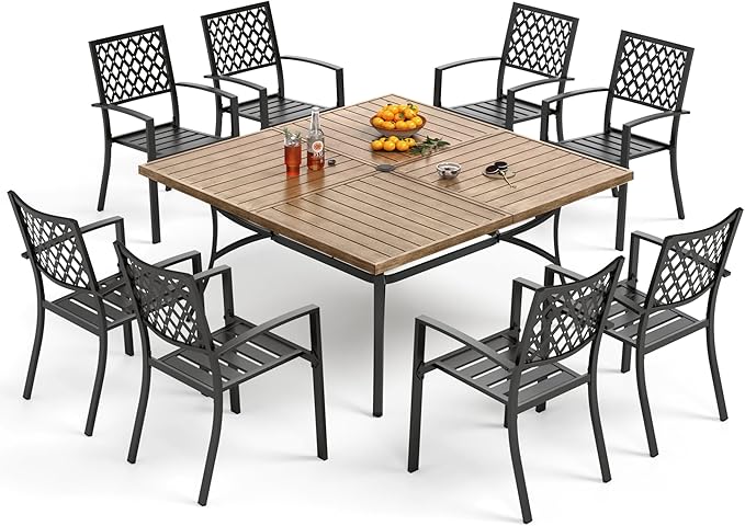 PHI VILLA 9 Pieces Outdoor Dining Set for 8, 57.5" Brown Square Metal Table with Umbrella Hole & Stackable Black Wrought Iron Chairs, Large Outside Furniture Set for Patio, Deck, Yard, Porch