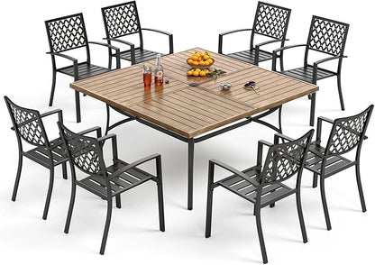 PHI VILLA 9 Pieces Outdoor Dining Set for 8, 57.5" Brown Square Metal Table with Umbrella Hole & Stackable Black Wrought Iron Chairs, Large Outside Furniture Set for Patio, Deck, Yard, Porch
