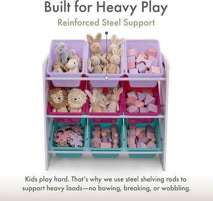 Humble Crew Toy Storage Organizer with 9 Removable Storage Bins for Kids Playroom, 3-Tier Toddler Toy Organization and Storage, White/Pink/Purple/Aqua