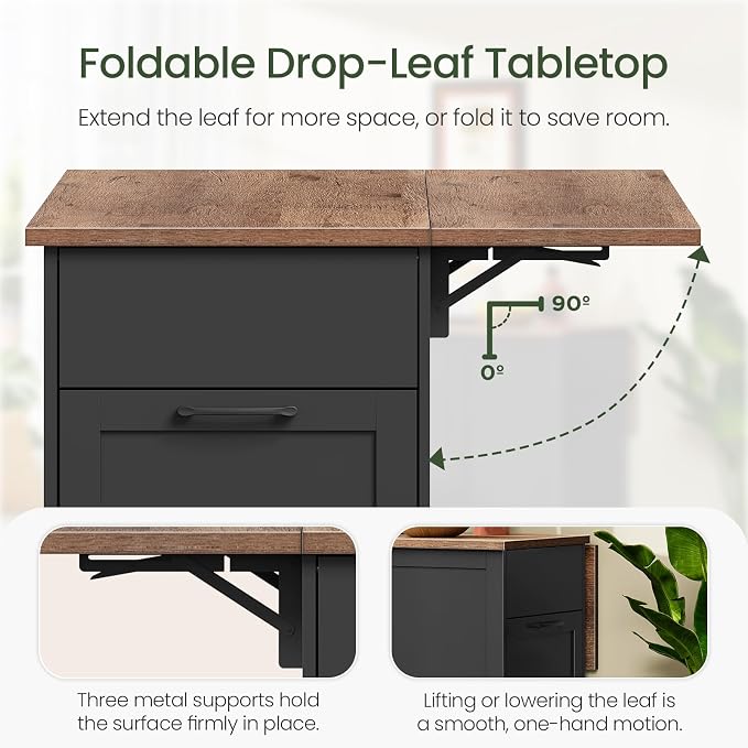 CHOEZON Kitchen Island with Trash Can Cabinet, Drop-Leaf Tabletop & 6 Wheels, 51.2-Inch Rolling Kitchen Cart with Fridge Shelf, Drawers & Adjustable Shelves, Farmhouse Style, Black and Walnut MZD07BL
