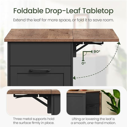 CHOEZON Kitchen Island with Trash Can Cabinet, Drop-Leaf Tabletop & 6 Wheels, 51.2-Inch Rolling Kitchen Cart with Fridge Shelf, Drawers & Adjustable Shelves, Farmhouse Style, Black and Walnut MZD07BL