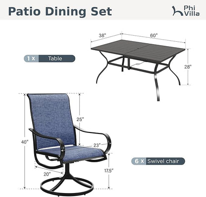 PHI VILLA 7 Piece Outdoor Patio Dining Set, Large Metal Table (1.57'' Umbrella Hole) and 6 Swivel Dining Chairs with Textilene Mesh Fabric, All Weather Patio Furniture Set for Deck Lawn Garden (Blue)