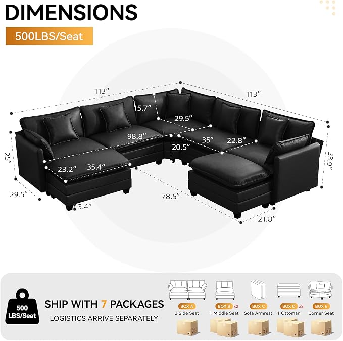 137'' V Shaped Cloud Sectional Sofa, Oversized Deep Seat Leather Couches for Living Room, Comfy Upholstered Modular Sectional Sofa Couch with 2 Movable Ottoman, Leather Black