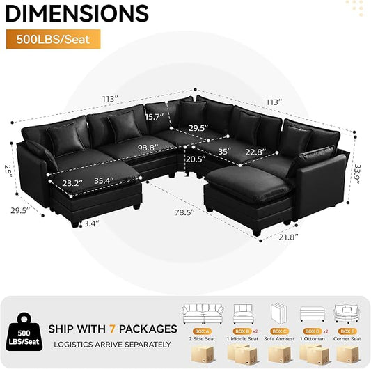 137'' V Shaped Cloud Sectional Sofa, Oversized Deep Seat Leather Couches for Living Room, Comfy Upholstered Modular Sectional Sofa Couch with 2 Movable Ottoman, Leather Black