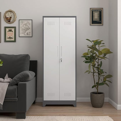 65" H Metal Garage Storage Cabinets with Doors and Shelves, Locking Cabinet, Broom Closet Storage Cabinets with Hanging Rod, Functional Tool Cabinet for Home, Garage, Kitchen