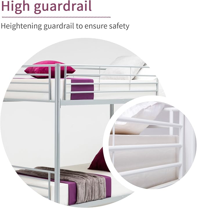 Metal Bunk Bed Twin Over Twin - with Removable Ladder and Guard Rail - Space Saving Design - Easy Assembly -Silver Grey