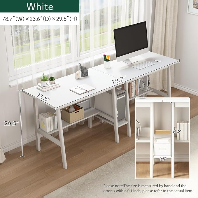NELYE 2 Person Desk with Storage Bookshelf, 79” x 24” in, White | Fits Two People, Trapezoid Solid Wood Legs for Stability, Splits into Two Desks, Suitable for Home Office and Study