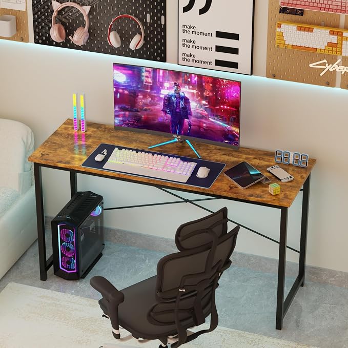 Sweetcrispy Computer Office Desk 44 Inch Small Student Study Gaming Writing Work Modern Simple PC Table for Bedroom, Home - Rustic Brown, Compact Sturdy Desk for Laptop, Study, Gaming