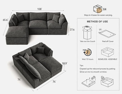 Cloud Sectional Couches for Living Room | 108 Inch L-Shaped Boneless Couch with Ottoman | Dark Grey Modular Sectionals Sofa Couch