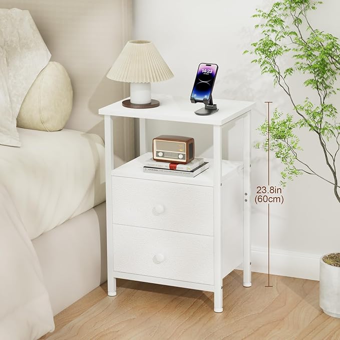 LOAKEKEL Night Stand, Nightstand with 2 Fabric Drawers for Bedroom, Small End Table with Open Storage Shelf for Living Room, Bedisde Table for Apartment, White, HETS002WP-1