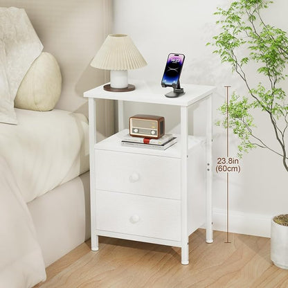 LOAKEKEL Nightstands Set of 2, Night Stand with 2 Fabric Drawers, Bed Side Table with Open Storage Shelf for Bedroom, Small End Tables Living Room, White, HETS002WP