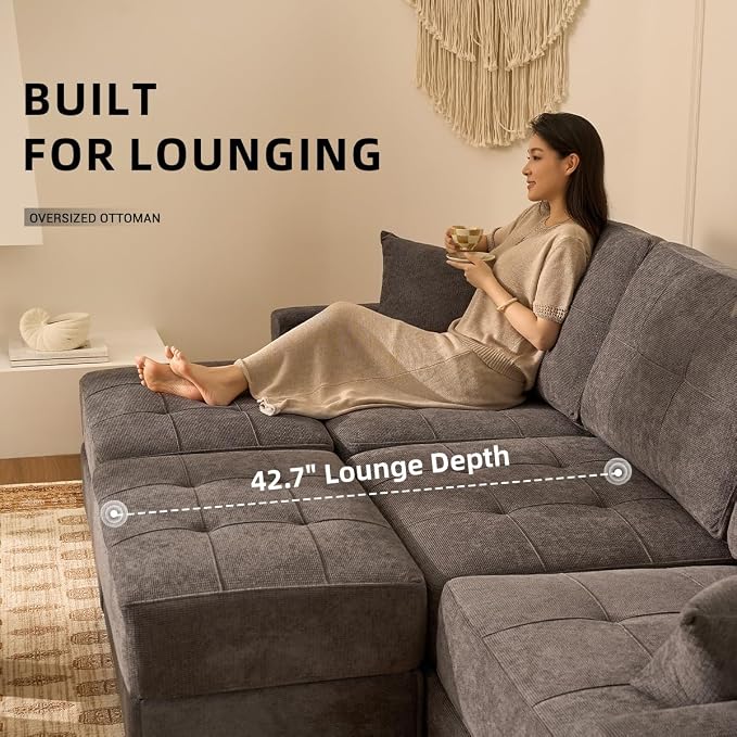 112" U Shaped Modular Cloud Sectional Couch, Waffle Fabric, Dark Gray | Modular Deep Seat Sofa, Movable Ottoman, Pocket Spring Cushions, 2-Box Delivery, Living Room Lounge Use, Not Boneless