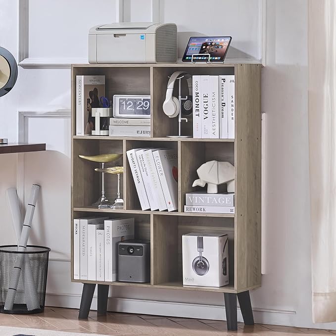 LEYAOYAO Cube Bookshelf 3 Tier Mid-Century Retro Grey Modern Bookcase with Legs,Retro Wood Bookshelves Storage Organizer Shelf,Freestanding Open Book Shelves for Bedroom,Living Room,Office