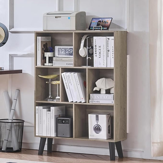 LEYAOYAO Cube Bookshelf 3 Tier Mid-Century Retro Grey Modern Bookcase with Legs,Retro Wood Bookshelves Storage Organizer Shelf,Freestanding Open Book Shelves for Bedroom,Living Room,Office