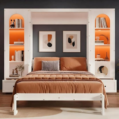 MERITLINE Queen Murphy Bed with Desk and Storage Shelves & LED Light, Solid Wood Hideaway Murphy Wall Bed with Storage Bookcase Shelves and Drawers for Adults (White) (Queen,White W/Led)
