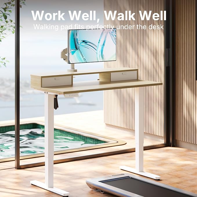 HUANUO 40" X 24" Electric Standing Desk with 2 Drawers, C-Clamp Mount Compatible, Height Adjustable Computer Desk, Home Office Stand Up Desk with 4 Preset Heights & 2 Hooks, Light Walnut