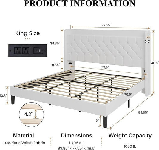 SHA CERLIN King Size Platform Bed Frame with Charging Station, Velvet Wingback Headboard with Storage Shelf, Wooden Slats Support, Ample Under-Bed Space, No Box Spring Needed, Easy Assembly, White