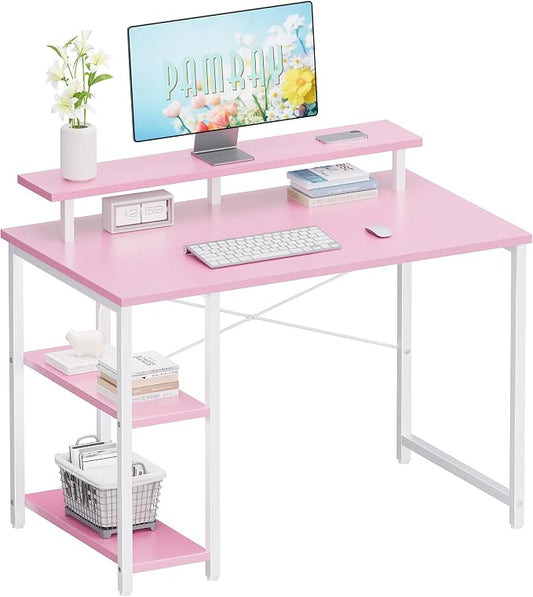 Pamray 33.5 Inch Small Computer Desk with Monitor Stand and Shelves | Sturdy, Space-Saving, Easy Assembly, Suitable for Bedroom, Office, Apartment and Dorm, Used for Writing and Studying