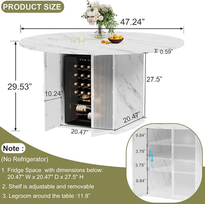 IBF 47" Round Dining Table with Storage, White Faux Marble Kitchen Tables for 4-6 People, Modern Dining Room Table with Fridge Space, Wood Circle Dinner Tables for Home, White Marble, Only Table