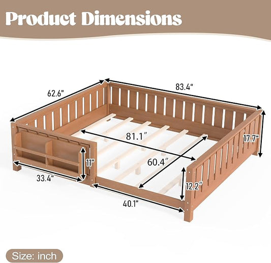 Bellemave Queen Size Floor Bed with Slats and Guardrails, Queen Size Montessori Floor Bed with Bookcase and Fence, Low Profile Montessori Beds for Kids, Natural Floor Beds Frame