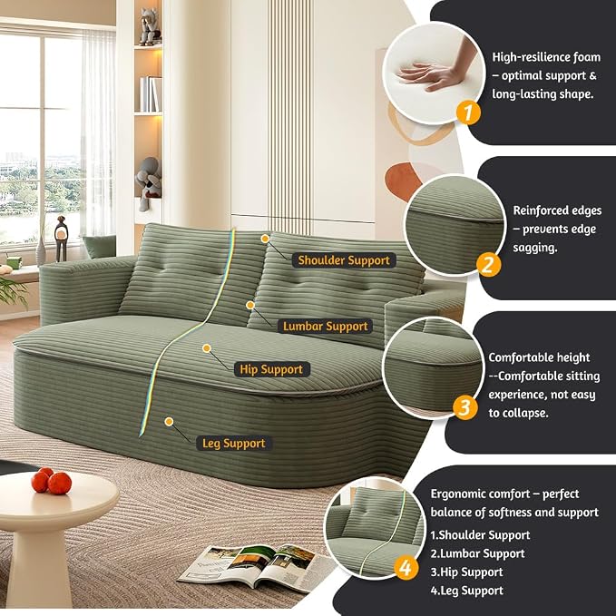78.7" Futon Sofa Bed, 2-in-1 Foldable Sleeper Sofa, Convertible Floor Couch with Pillows, Corduroy Couch, Multi Functional Blanket, Upholstered Boneless Couches for Living Room, Forest Green